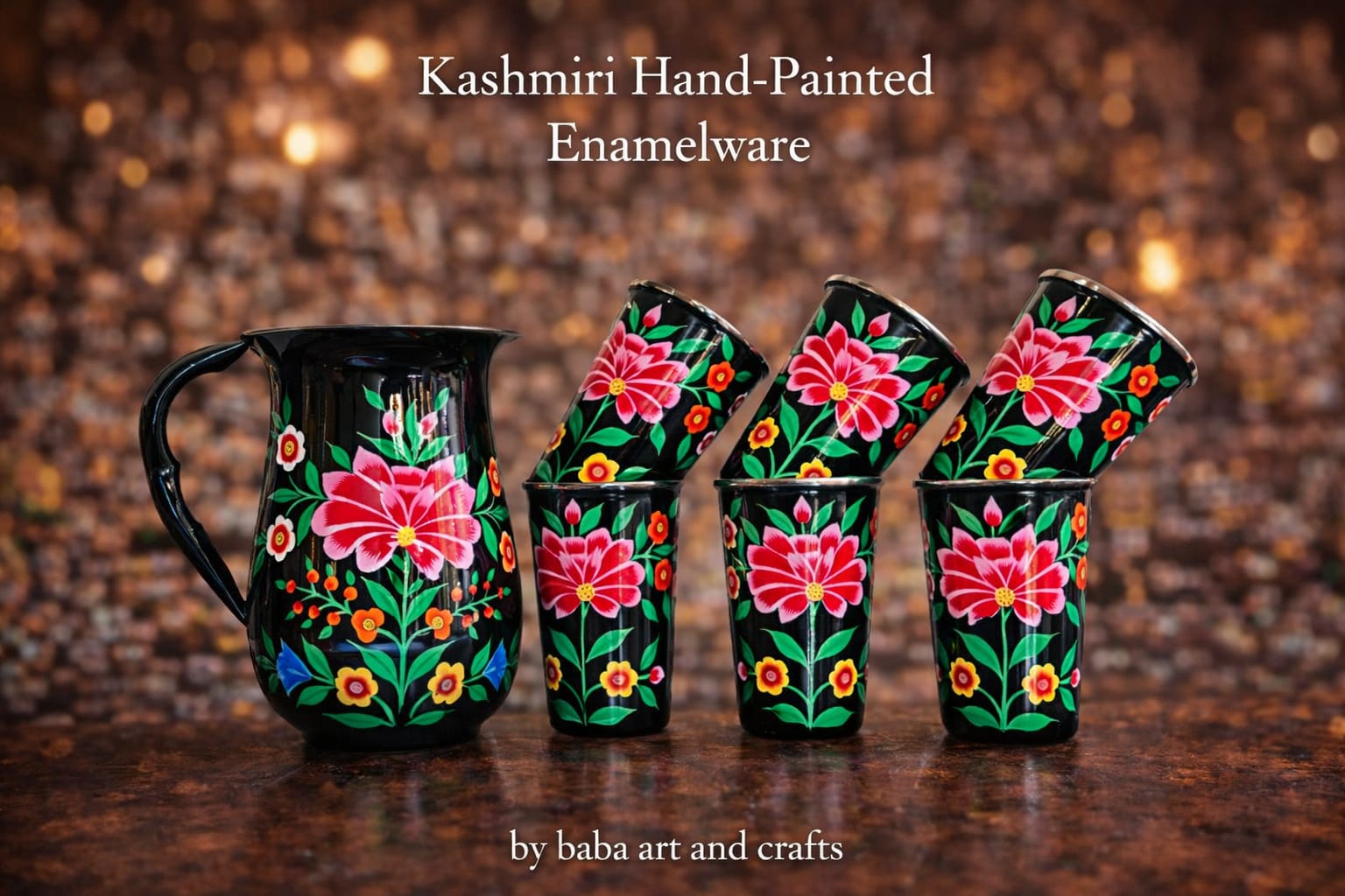 Hand painted jug set, Enamel Ware utensils,Enamelware jug set with 6 hand painted steel glass , kashmiri enamelware, hand painted tumbler set 
